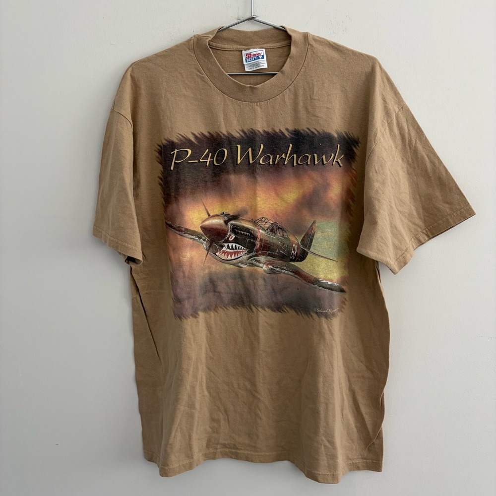 Vintage Hanes Beefy-T P-40 Warhawk Fighter Plane Graphic T-Shirt Tan Mens XL